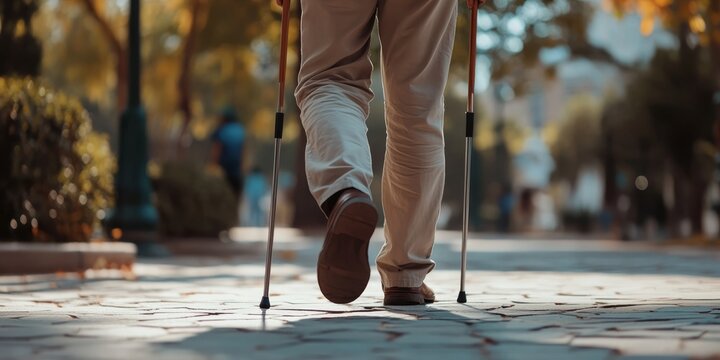 A man walking on a path using crutches, likely recovering from an injury or in need of assistance for mobility. - Powered by Adobe