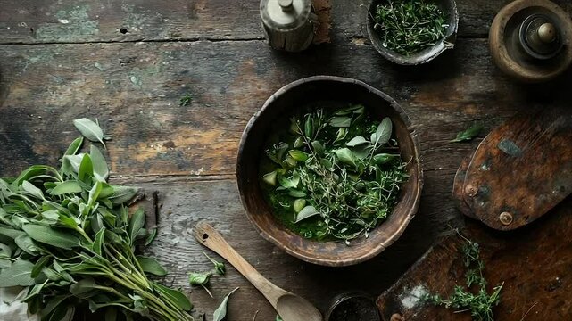 Fresh herbs in a wooden bowl on a rustic wooden table