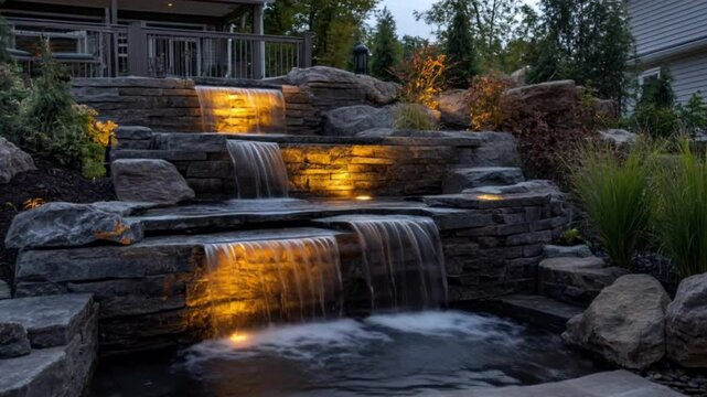 Backyard tiered water feature in garden at dusk used for landscaping and relaxation
