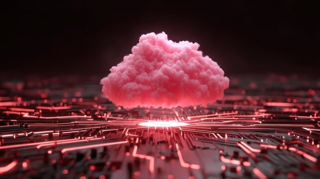 Pink cloud computing over glowing circuit board, symbolizing data, technology - Powered by Adobe