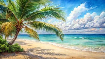 Fototapeta premium Beach Painting with Palm Trees and Calm Ocean