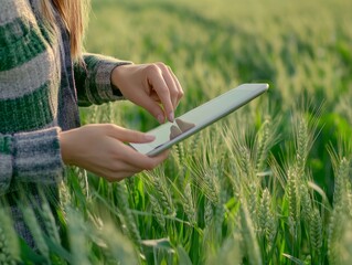 A woman in a field with her tablet, possibly using it to monitor crop growth or make decisions related to farming practices.