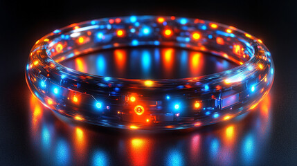 A sleek modern new shiny smart ring with embedded sensors on a bright slick surface, symbolizing innovation, technology, and the future of wearable devices