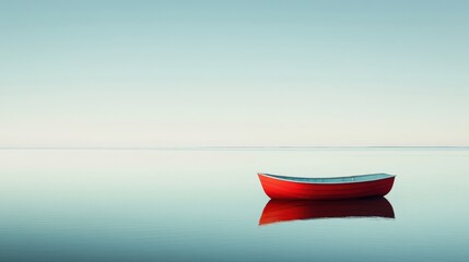 A serene view of a red boat floating on calm water under a pastel sky tone
