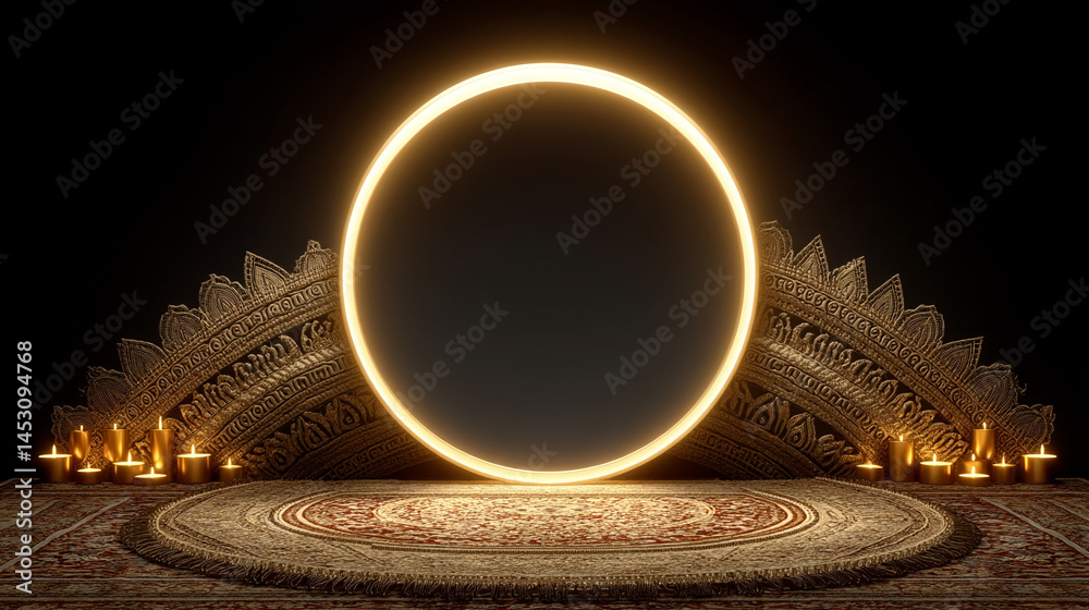Poster abstract digital background featuring a glowing circular interface with intricate patterns, represen