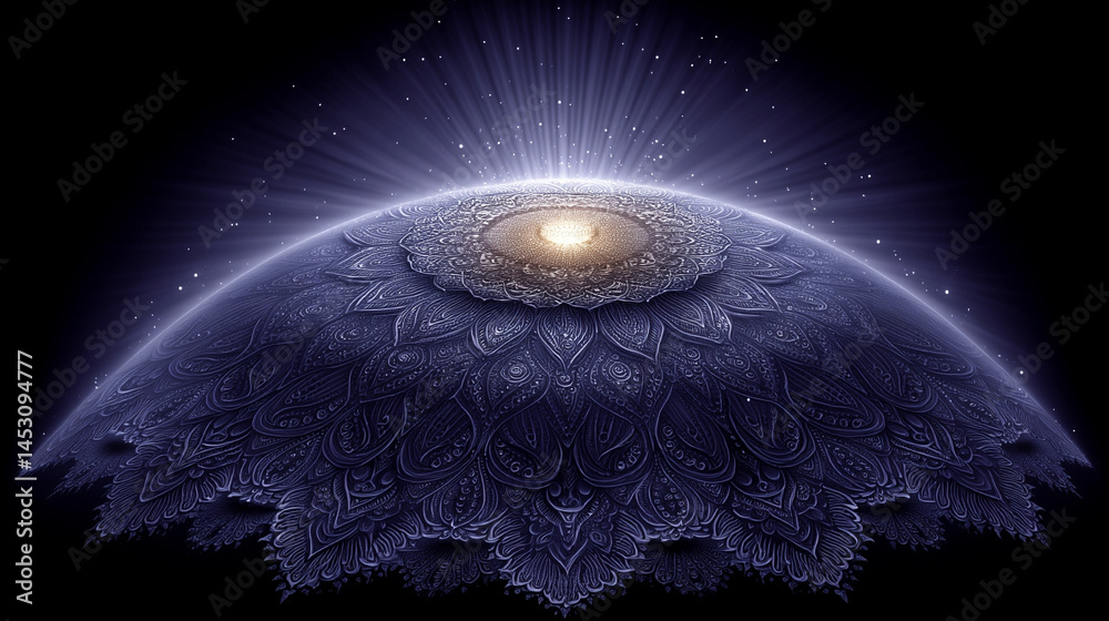 Poster abstract digital background featuring a glowing circular interface with intricate patterns, represen