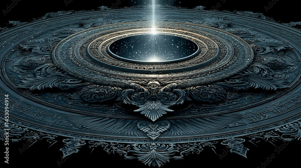 Poster abstract digital background featuring a glowing circular interface with intricate patterns, represen