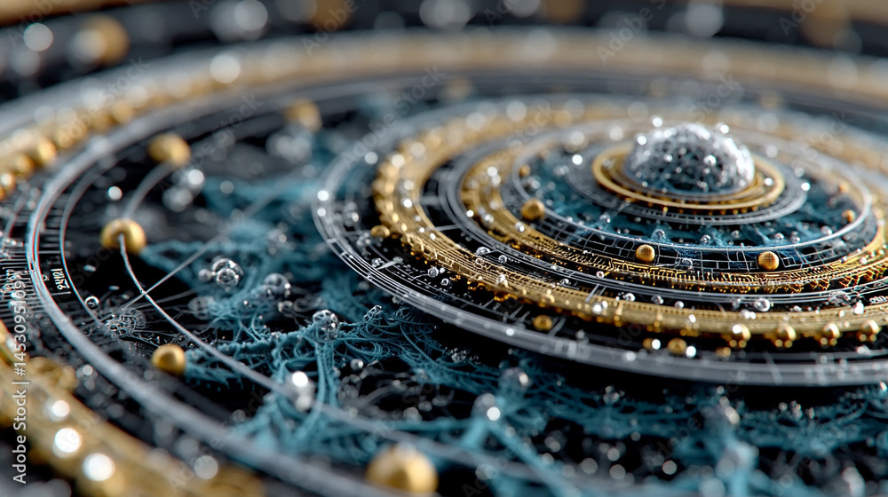 Poster abstract digital background featuring a glowing circular interface with intricate patterns, represen