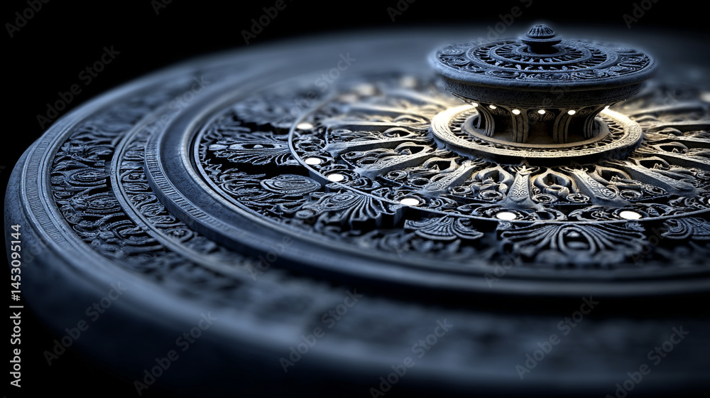 Poster abstract digital background featuring a glowing circular interface with intricate patterns, represen