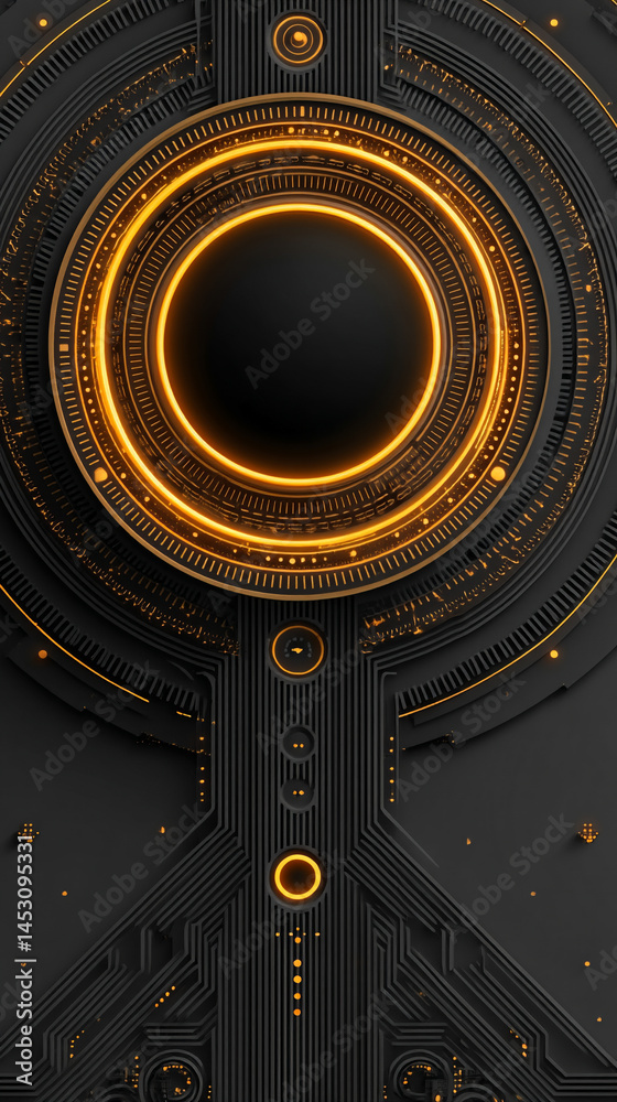 Poster abstract digital background featuring a glowing circular interface with intricate patterns, represen