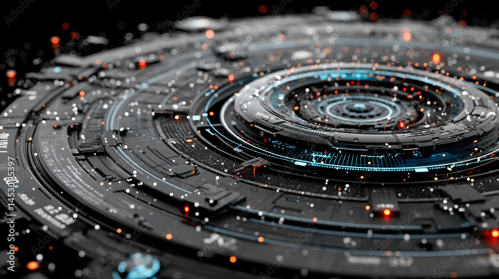Poster abstract digital background featuring a glowing circular interface with intricate patterns, represen
