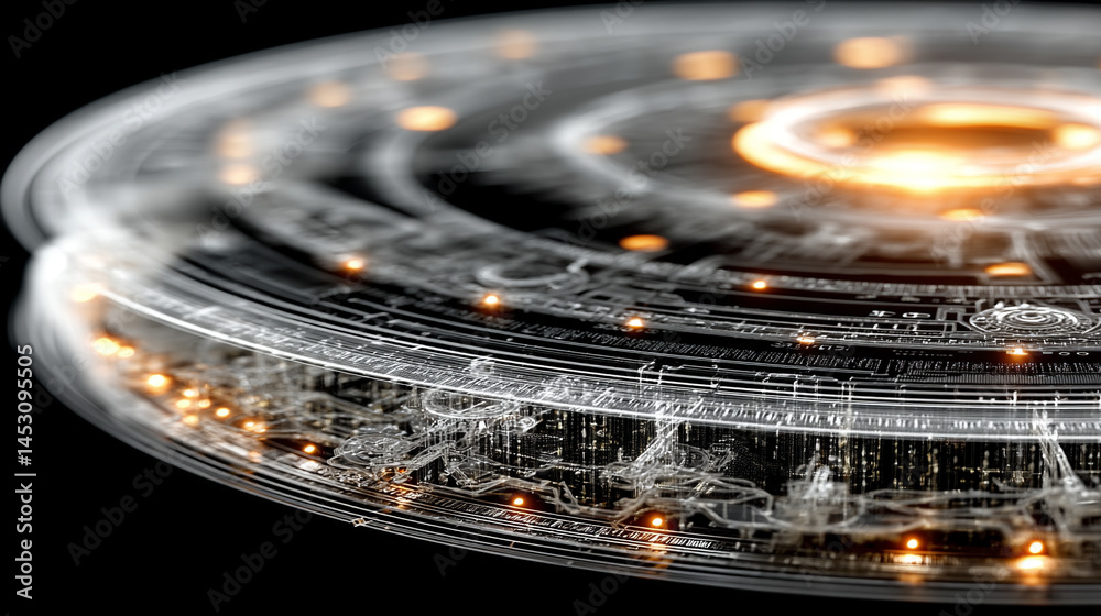 Poster abstract digital background featuring a glowing circular interface with intricate patterns, represen