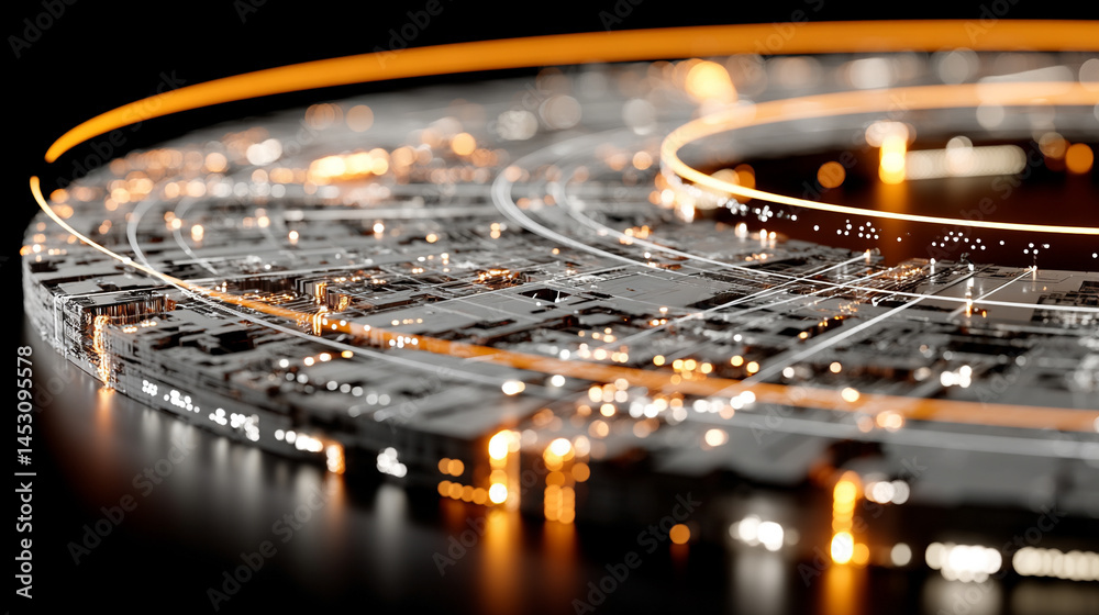 Poster abstract digital background featuring a glowing circular interface with intricate patterns, represen