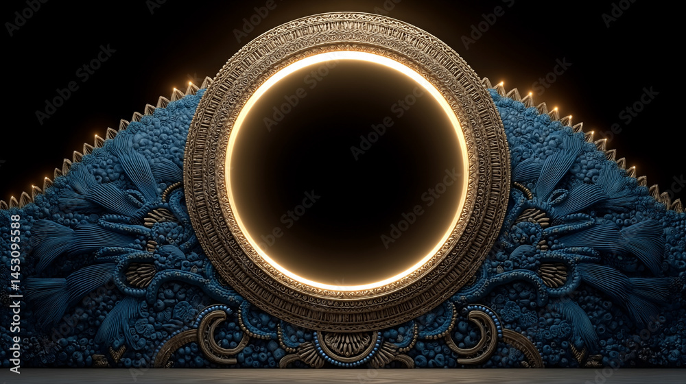 Poster abstract digital background featuring a glowing circular interface with intricate patterns, represen