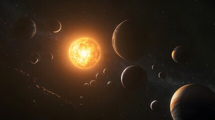 Obraz premium Solar System in Twilight: The solar system bathed in the soft light of twilight, with the planets glowing softly against the darkening sky. 