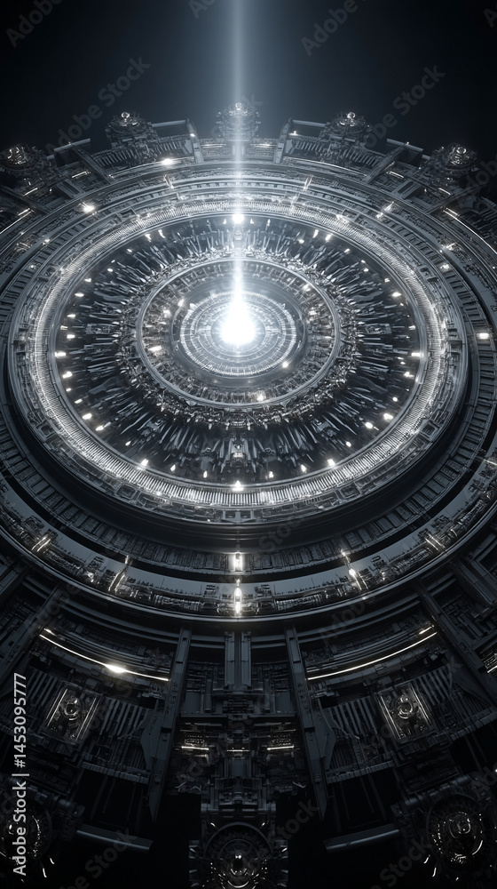 Poster abstract digital background featuring a glowing circular interface with intricate patterns, represen