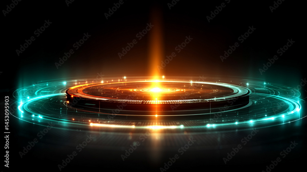 Poster abstract digital background featuring a glowing circular interface with intricate patterns, represen