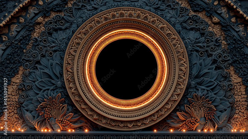 Poster abstract digital background featuring a glowing circular interface with intricate patterns, represen