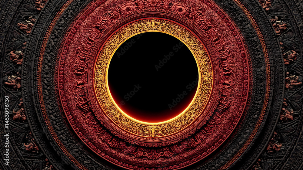 Poster abstract digital background featuring a glowing circular interface with intricate patterns, represen
