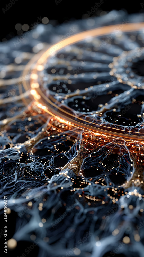 Poster abstract digital background featuring a glowing circular interface with intricate patterns, represen