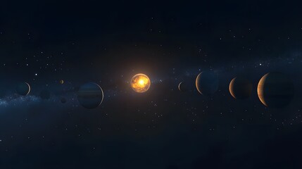 Solar System in Twilight: The solar system bathed in the soft light of twilight, with the planets glowing softly against the darkening sky. 
