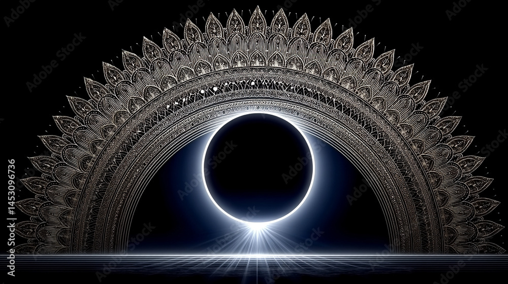 Poster abstract digital background featuring a glowing circular interface with intricate patterns, represen