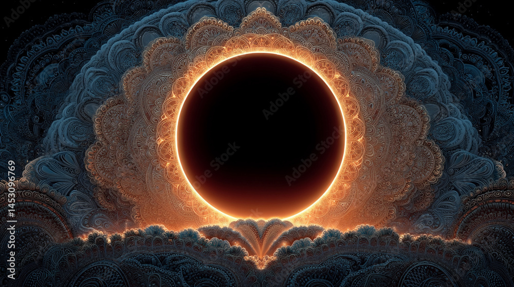Poster abstract digital background featuring a glowing circular interface with intricate patterns, represen