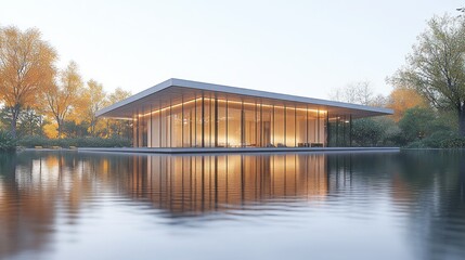Fototapeta premium Modern pavilion reflecting in tranquil autumn pond