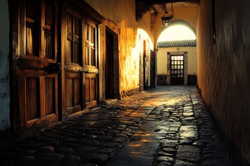 Fototapeta premium Cobblestone Alleyway with Aged Wooden Doors and Sunlight