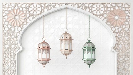 Obraz premium Minimalist Islamic Paper-Cut Illustration with Gold Lanterns, Crescent Moon, Mosque Domes and Floral Details