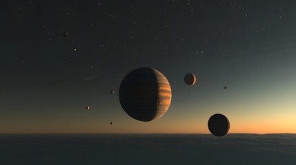 Solar System in Twilight: The solar system bathed in the soft light of twilight, with the planets glowing softly against the darkening sky. 
