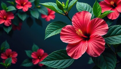 Vibrant hibiscus blossoms, lush leaves, repeating motif, image, blossom