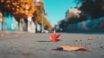 A leaf is laying on the ground in front of a building