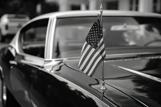 Fototapeta Black vintage car with an American flag on the fender.