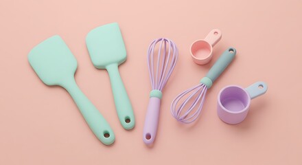 3D rendering of pastel-colored kitchen utensils like spatula, whisk, and measuring cups on a soft pink background, top-down view