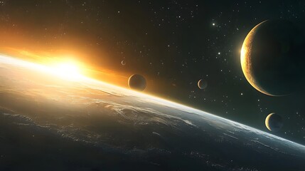 Solar System with Aurora Borealis: The solar system as viewed from Earth&rsquo;s orbit, with the aurora borealis glowing over the planet while other planets are visible in the distance.
