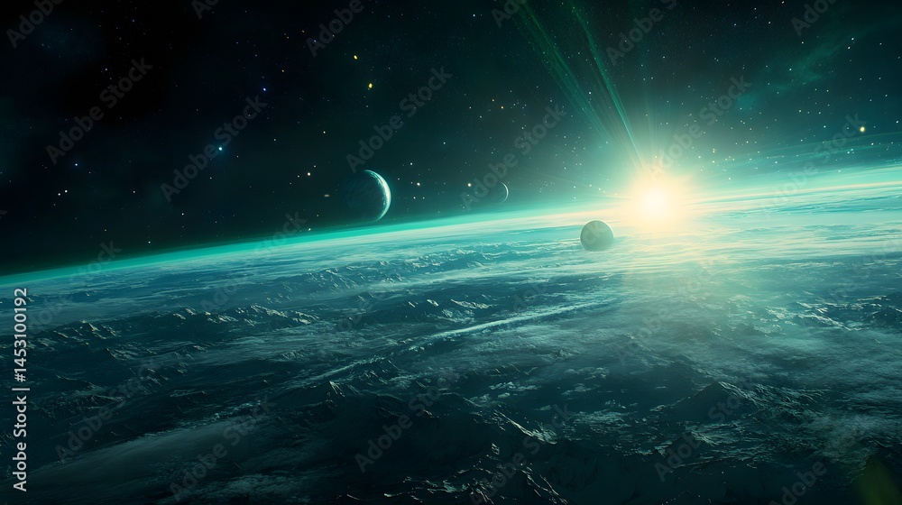 Wall mural solar system with aurora borealis: the solar system as viewed from earth’s orbit, with the aurora bo