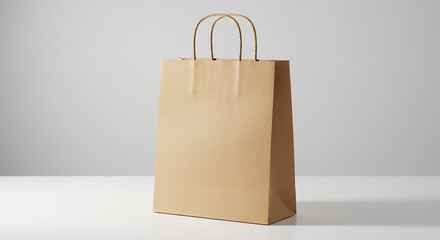 A simple brown paper shopping bag with rope handles on a white surface against a grey background