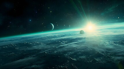 Solar System with Aurora Borealis: The solar system as viewed from Earth&rsquo;s orbit, with the aurora borealis glowing over the planet while other planets are visible in the distance.
