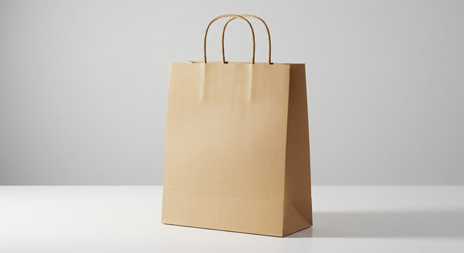 A simple brown paper shopping bag with rope handles on a white surface against a grey background