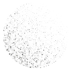 Abstract circular halftone dot pattern in grayscale forming radial dispersion on white background for modern minimalist design concepts
