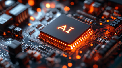 AI chip with the word "AI" on it surrounded by vibrant data streams symbolizes advanced processing power, rapid data processing, and the speed of light in technology