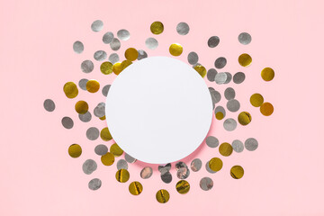 Blank card with beautiful confetti on pink background