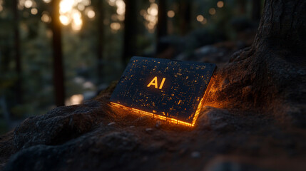 AI chip with the word "AI" on it surrounded by vibrant data streams symbolizes advanced processing power, rapid data processing, and the speed of light in technology