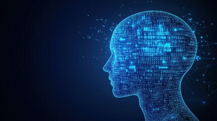 Digital Human Head Made of Binary Code