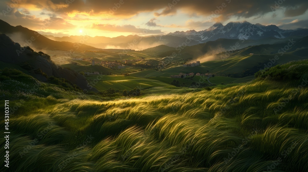 Poster beautiful landscape with a large field of grass and mountains in the background. the sun is setting,