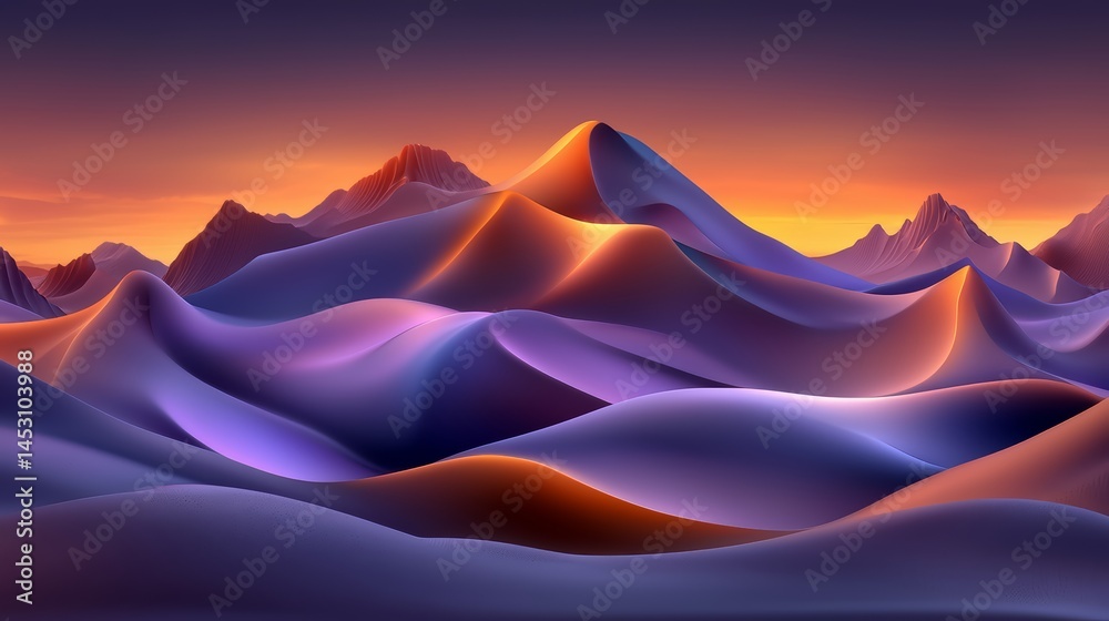 Poster beautiful mountain range with a sunset in the background. the mountains are covered in snow and the 