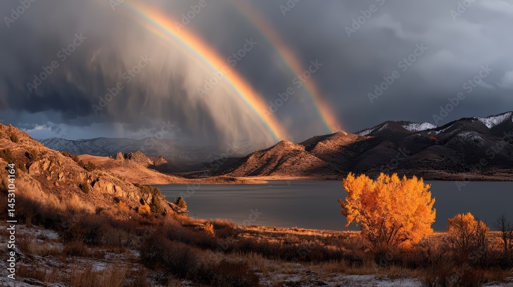 Poster beautiful rainbow is seen over a lake with a tree in the foreground. the sky is cloudy and the scene