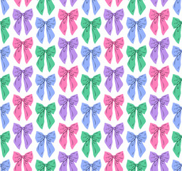 Colorful bows seamless pattern on white background. Trendy hair braiding accessory. Vector illustration. Perfect for wedding design, party decoration, gift wrapping paper and textile