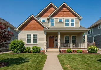 Beautiful residential home with porch and manicured lawn for sale